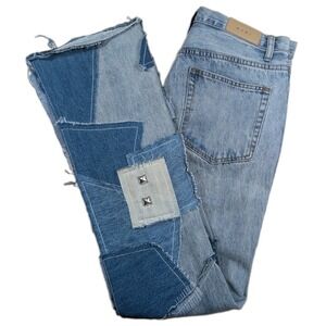 Mnml Baggy Denim Jeans 32x36 Men Blue Patchwork Style Oversized Multi Shade
